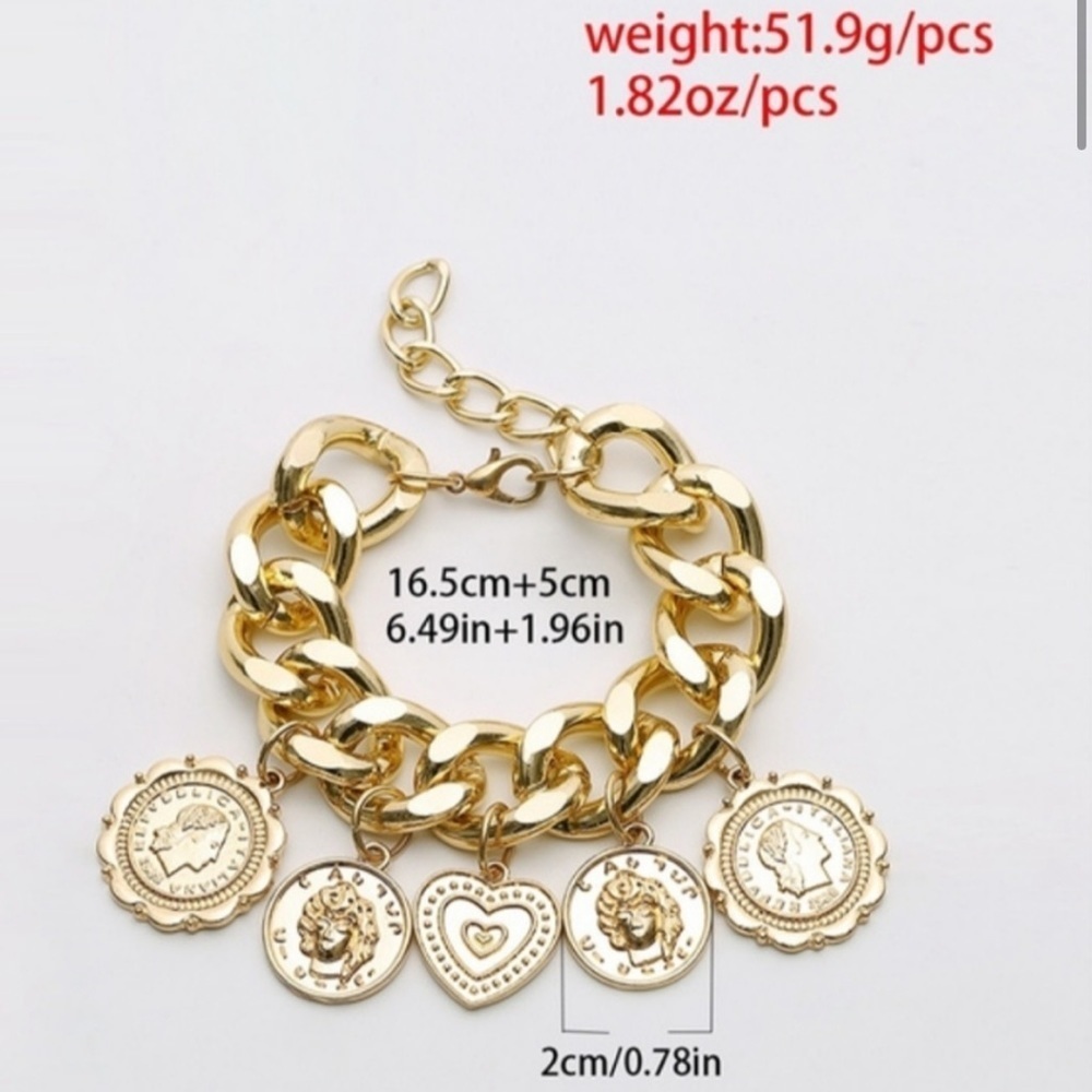 Chunky charm 18k gold pendant pennant chain bracelet portrait carv coin titanium - Picture 8 of 12